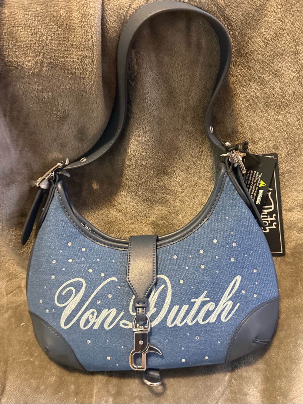Von Dutch Denim Shoulder Bag with Navy Trim and Crystal Dots